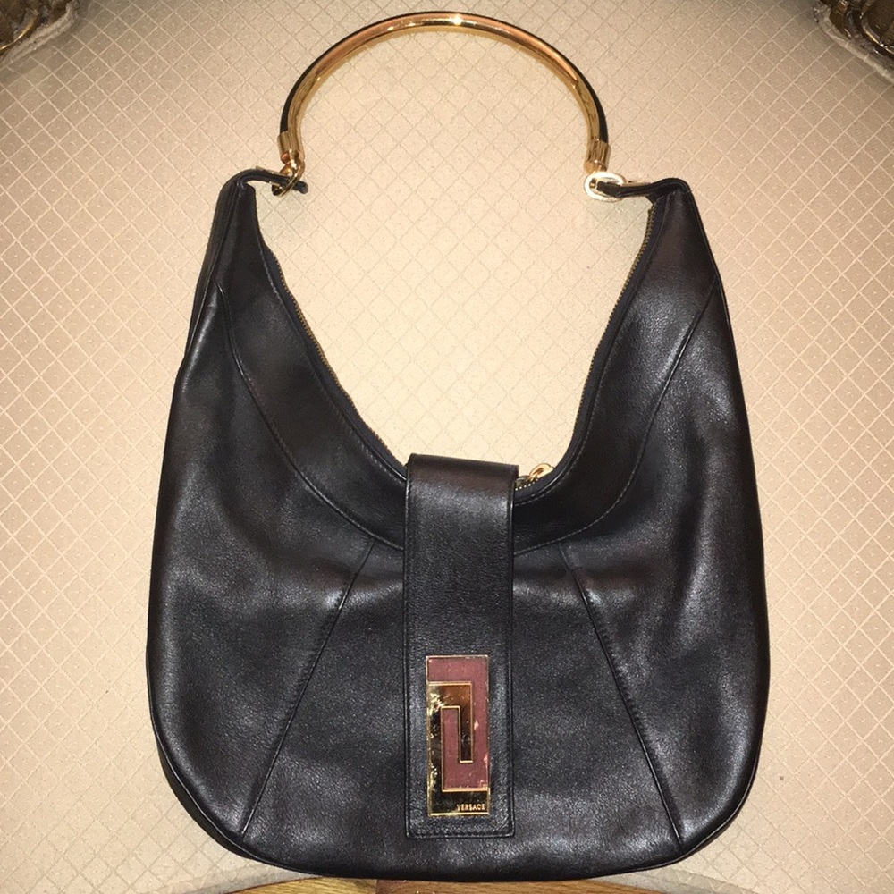 Versace black leather hobo bag